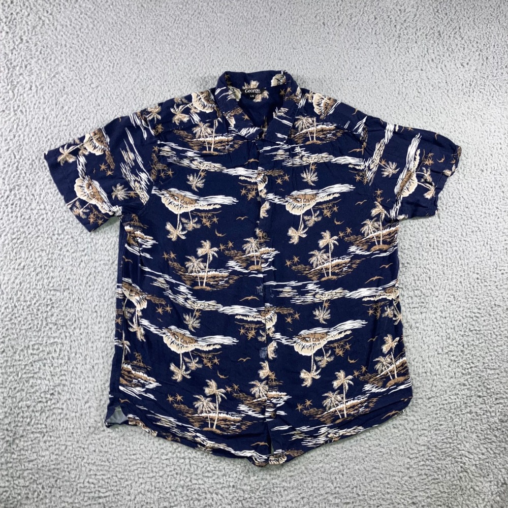 Men Tropical Palm Tree Button Up Shirt Large Navy Blue Rayon Beach Outdoor